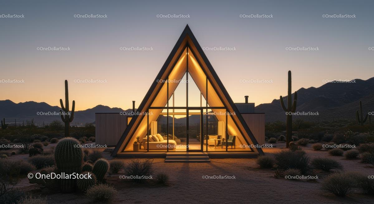 A-Frame House Illuminated at Sunset in Desert Setting