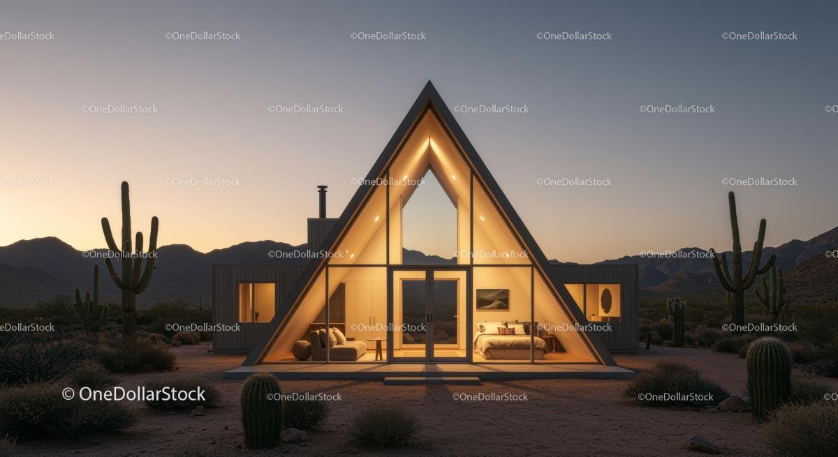 Modern A-Frame House in Desert at Sunset