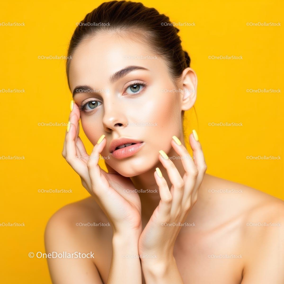 Elegant Woman with Soft Makeup on Yellow Background