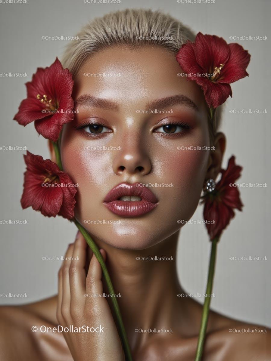 Elegant Woman with Red Hibiscus Flowers Portrait