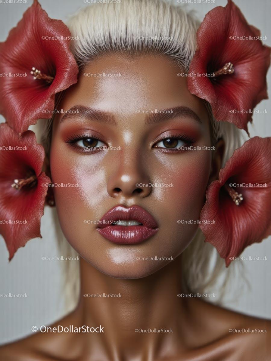 Glamorous Blonde Woman with Hibiscus Adornments