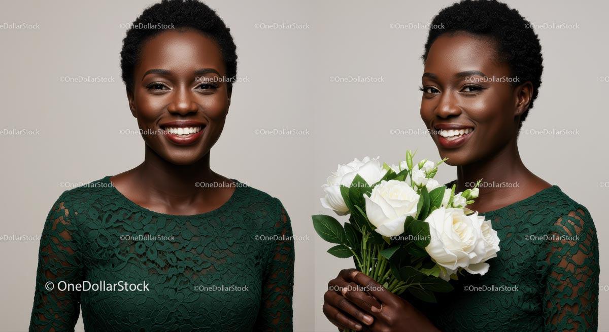 Elegant Woman in Green Lace Dress Holding White Roses