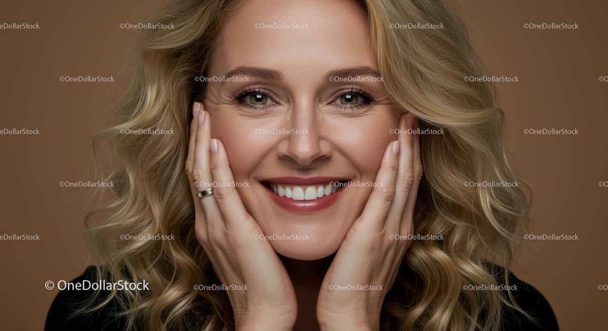 Joyful Woman with Curly Blond Hair Smiling Brightly