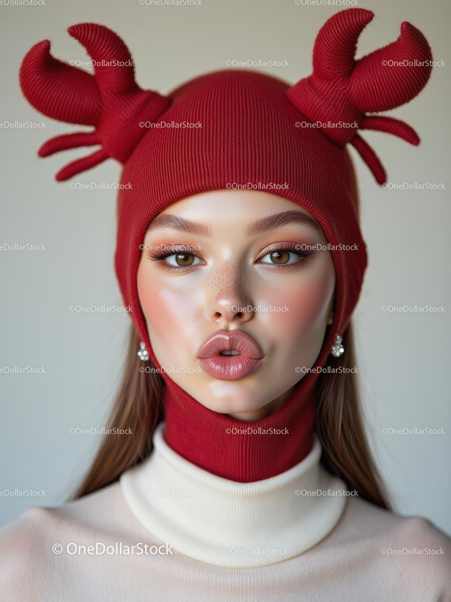 Stylish Woman in Red Crab Hat with Bold Makeup