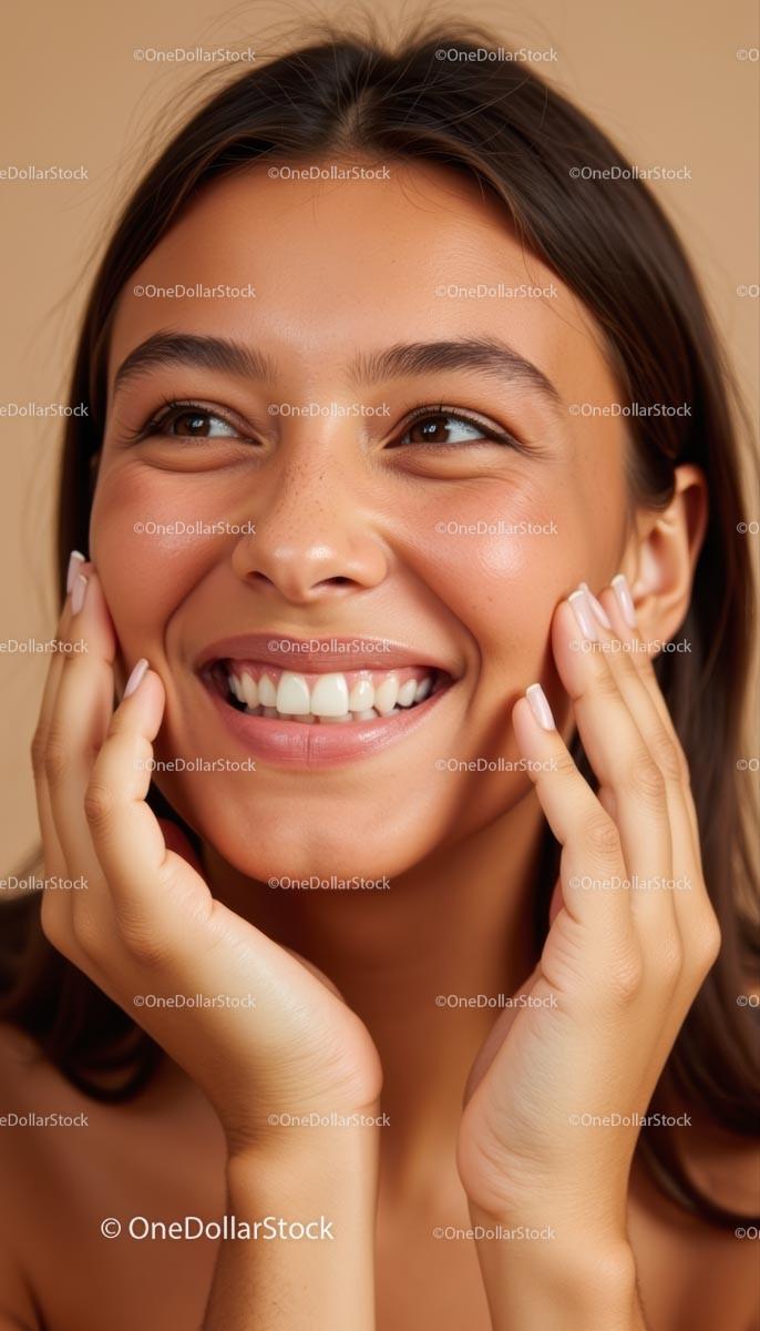 Joyful Woman Smiling with Hands on Face