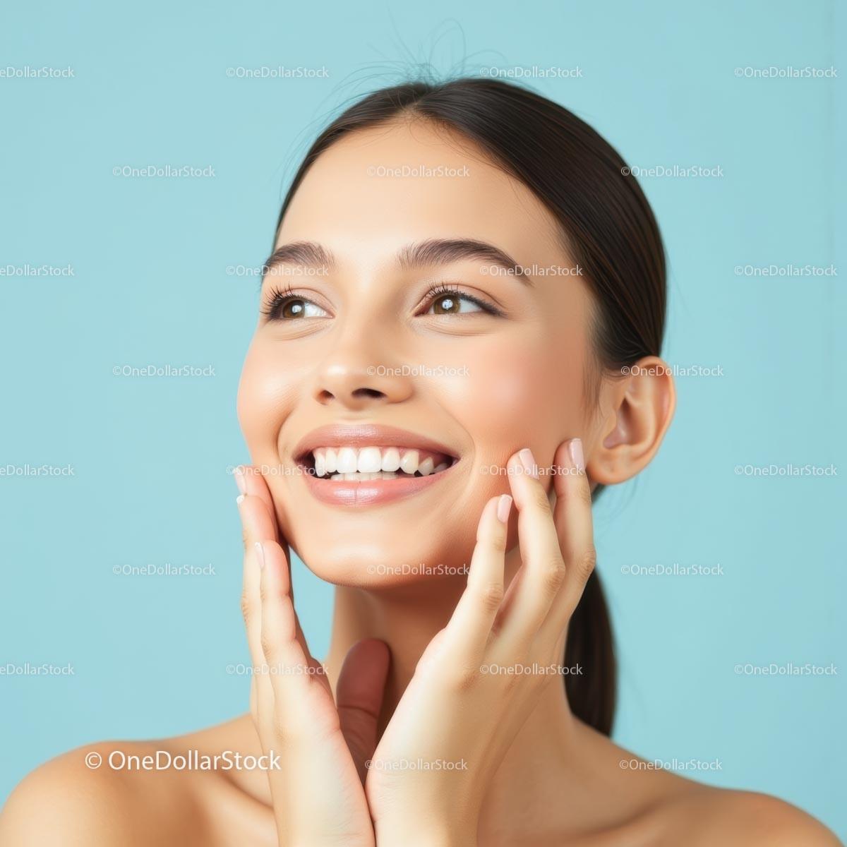 Smiling Woman with Radiant Skin on Blue Background