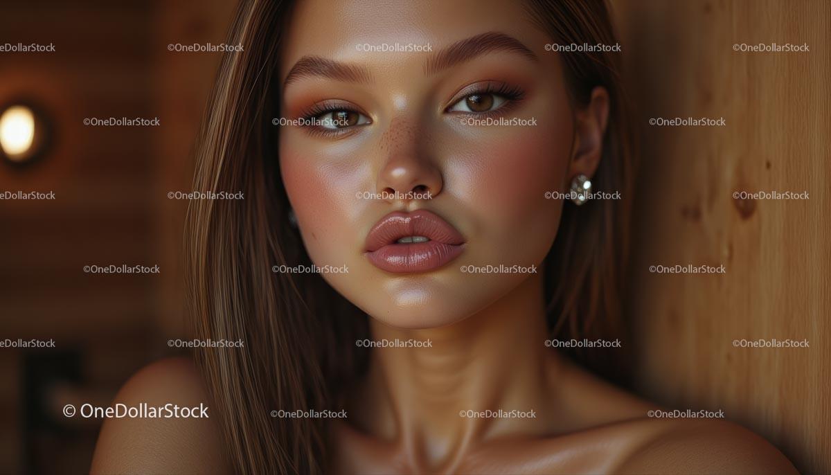 Elegant Portrait of Young Woman with Glossy Lips