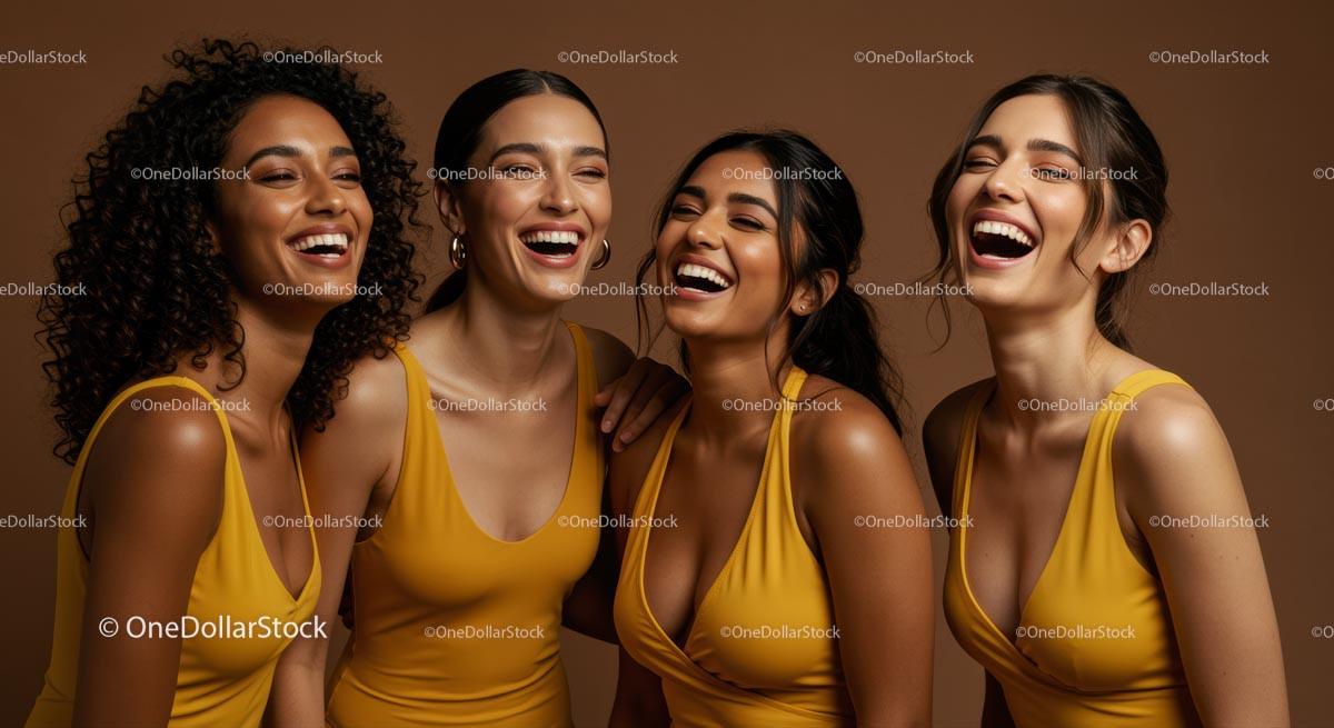 Joyful Group of Women in Yellow Dresses Laughing Together