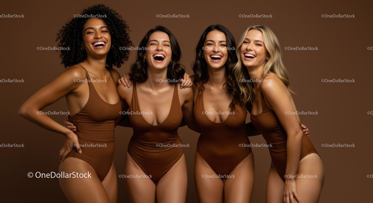 Group of Women Celebrating Friendship in Brown Swimsuits