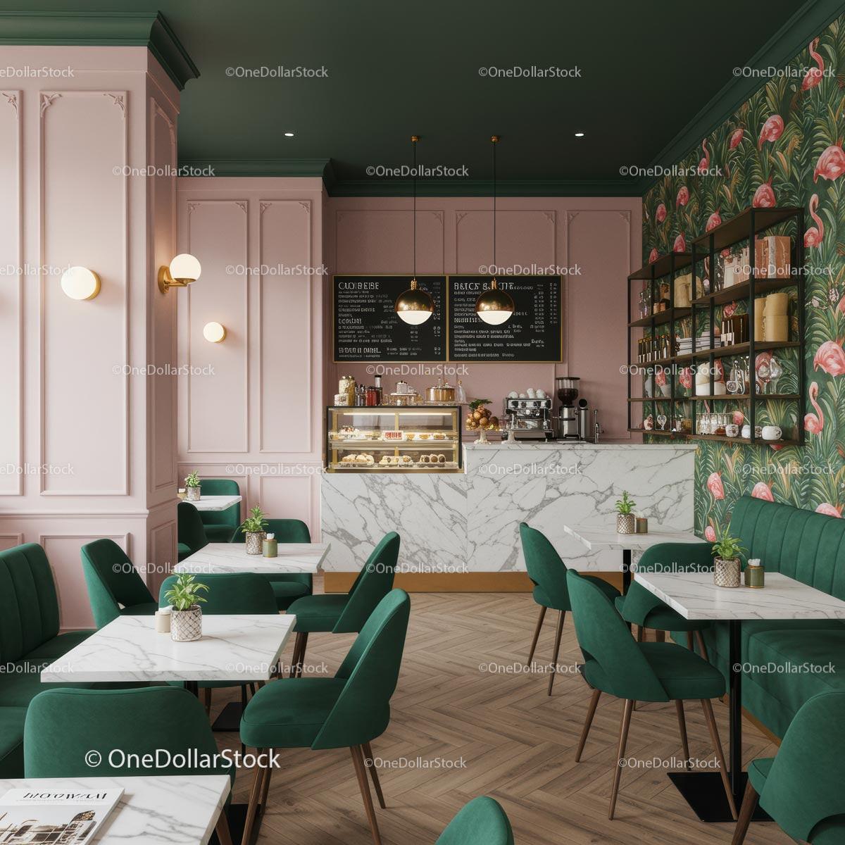Chic Cafe Interior with Pink and Green Modern Decor