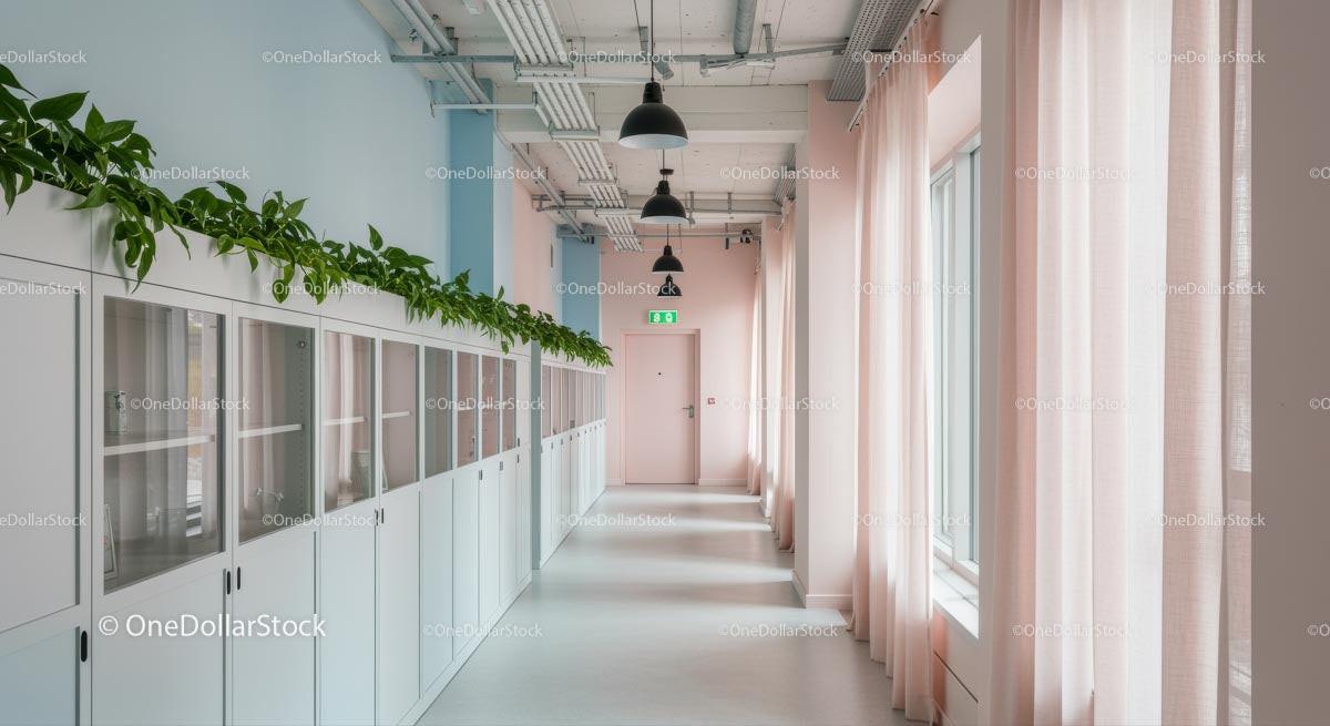 Modern Office Corridor with Pastel Walls and Greenery