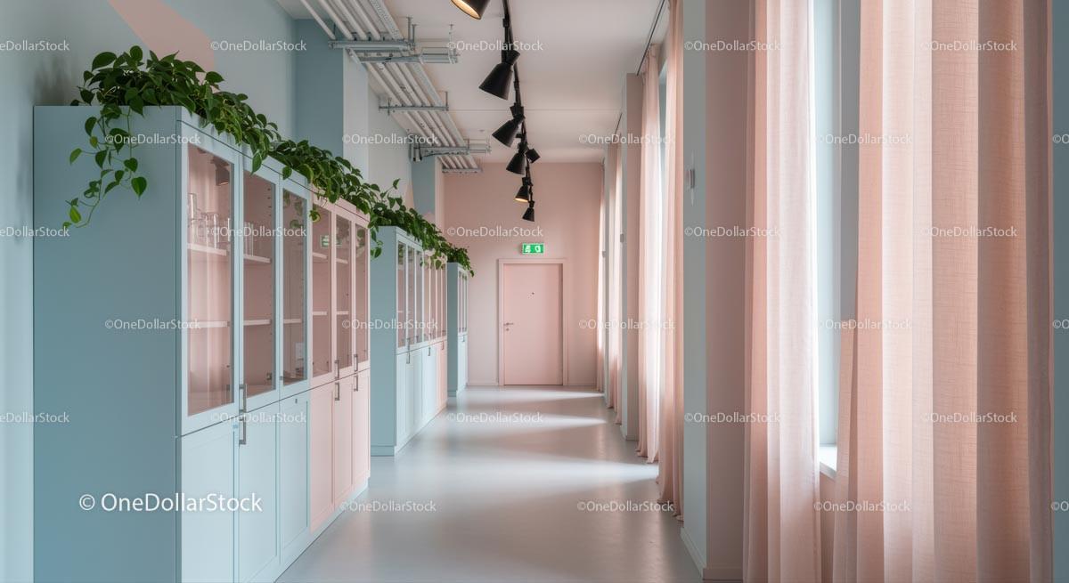 Modern Office Corridor with Pastel Decor and Greenery