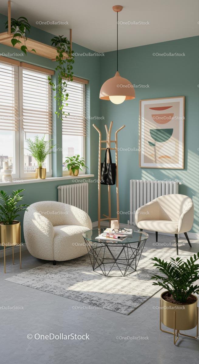 Modern Living Room with Green Walls and Cozy Decor