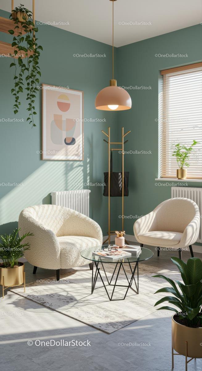 Stylish Modern Living Room with Cozy Armchairs and Indoor Plants
