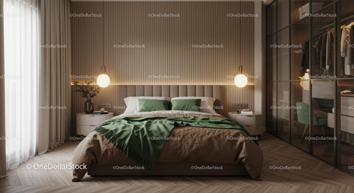 Modern Bedroom with Green Accents and Warm Lighting