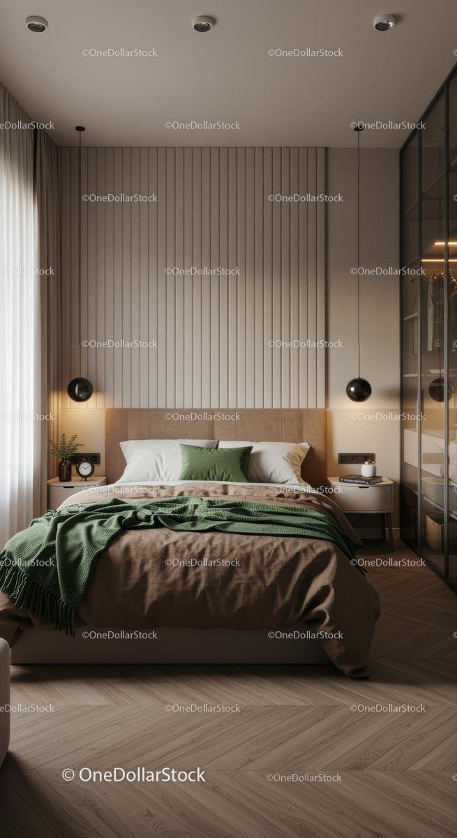Modern Bedroom with Green Accents and Warm Lighting