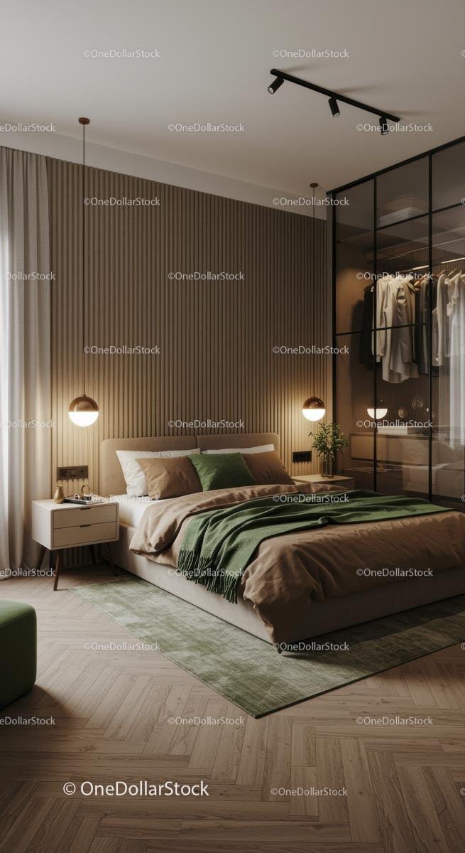 Modern Bedroom with Green Accents and Wooden Flooring