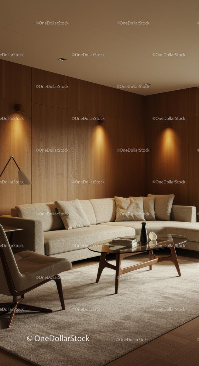 Cozy Modern Living Room with Beige Sofa and Wooden Accents