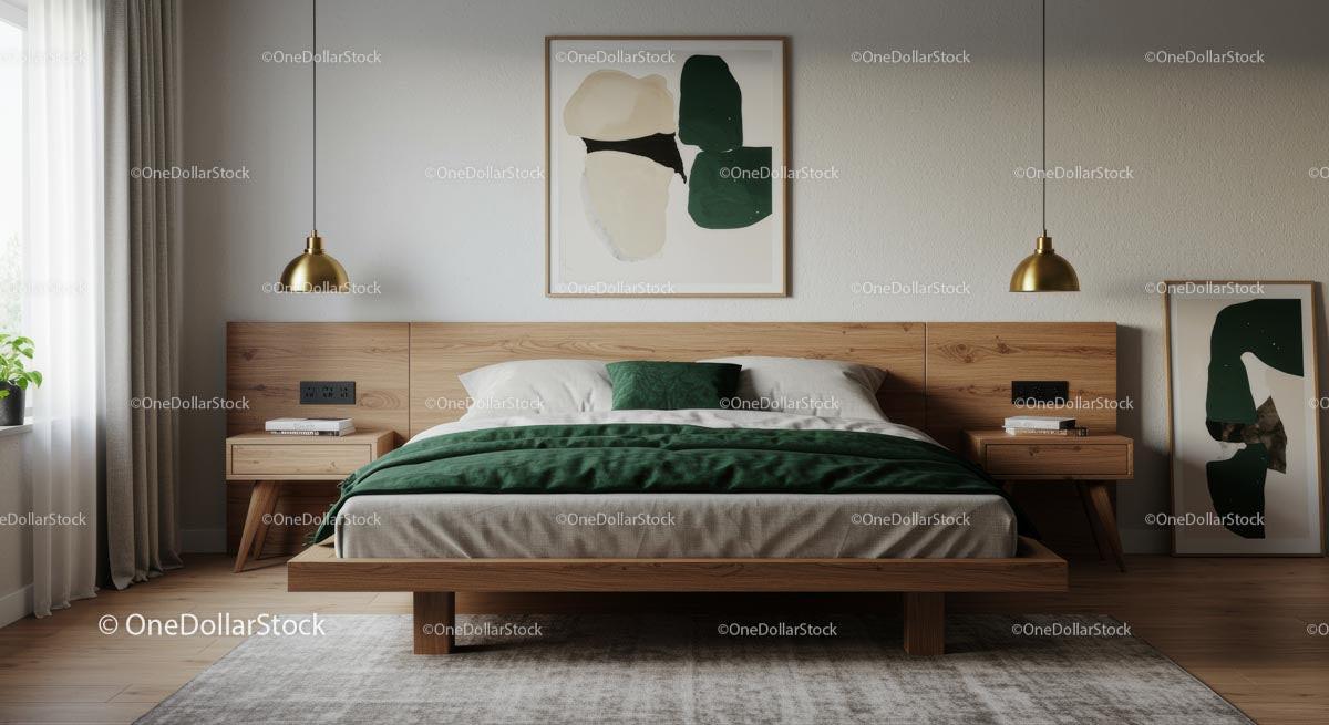 Modern Bedroom with Green Accents and Wooden Furniture