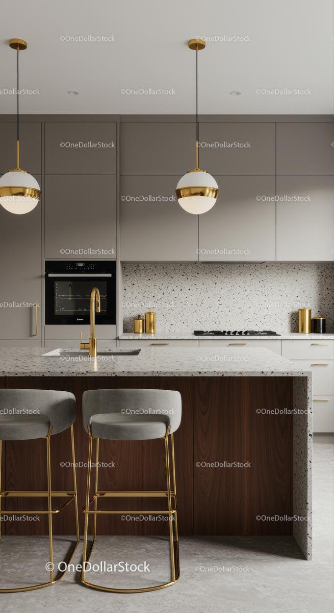 Minimalistic Kitchen with Gold Accents and Gray Cabinets