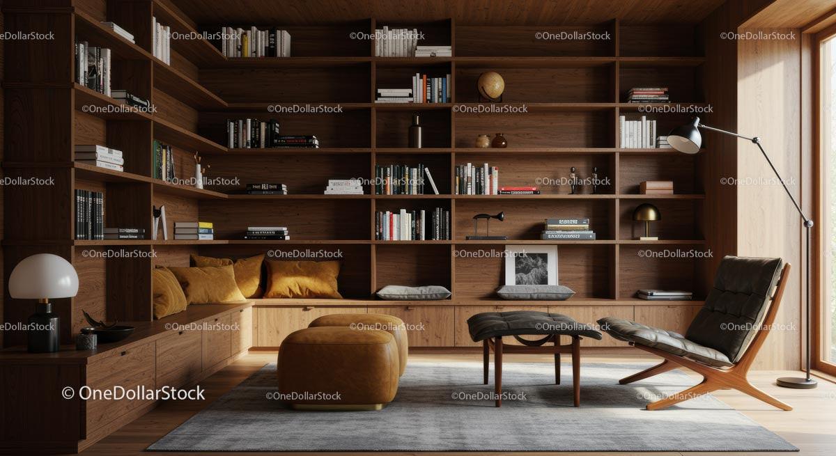 Modern Wooden Shelves and Cozy Reading Nook in Living Room