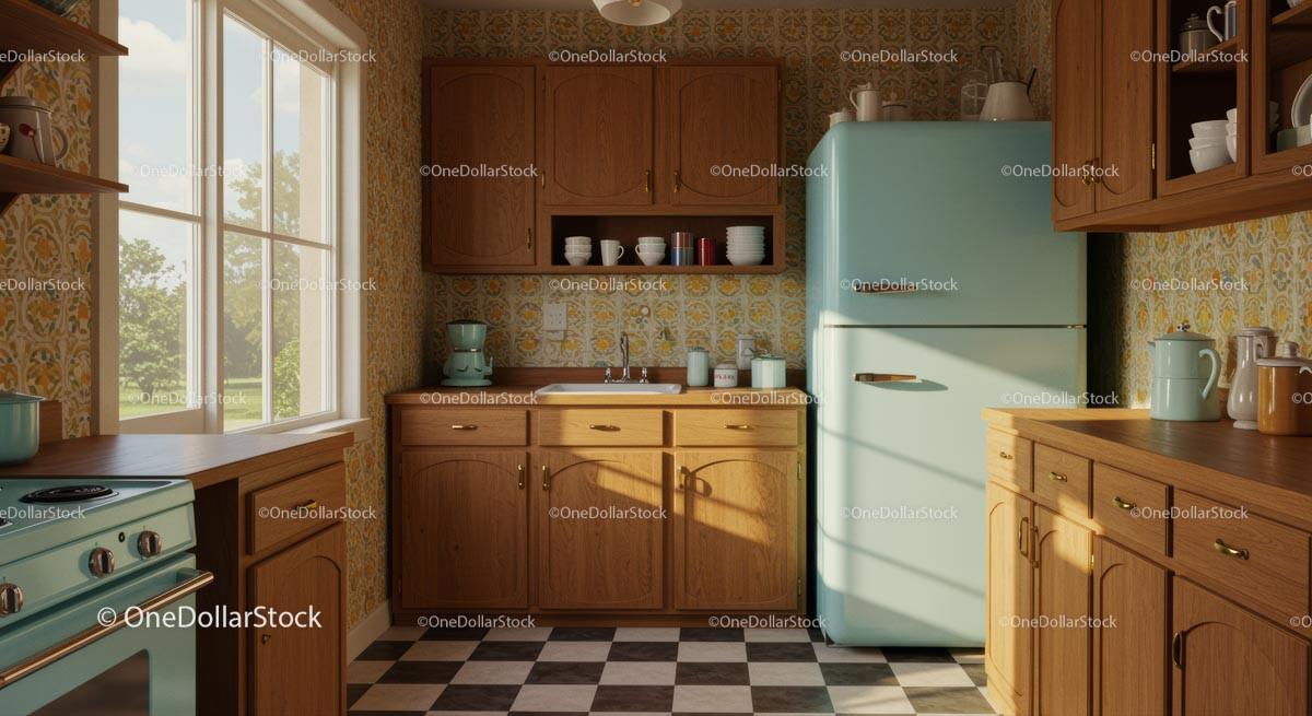 Charming Vintage Kitchen with Pastel Refrigerator