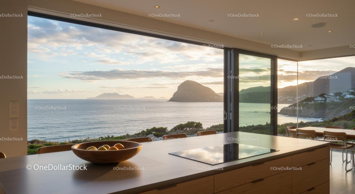 Modern Kitchen with Panoramic Ocean View at Sunset