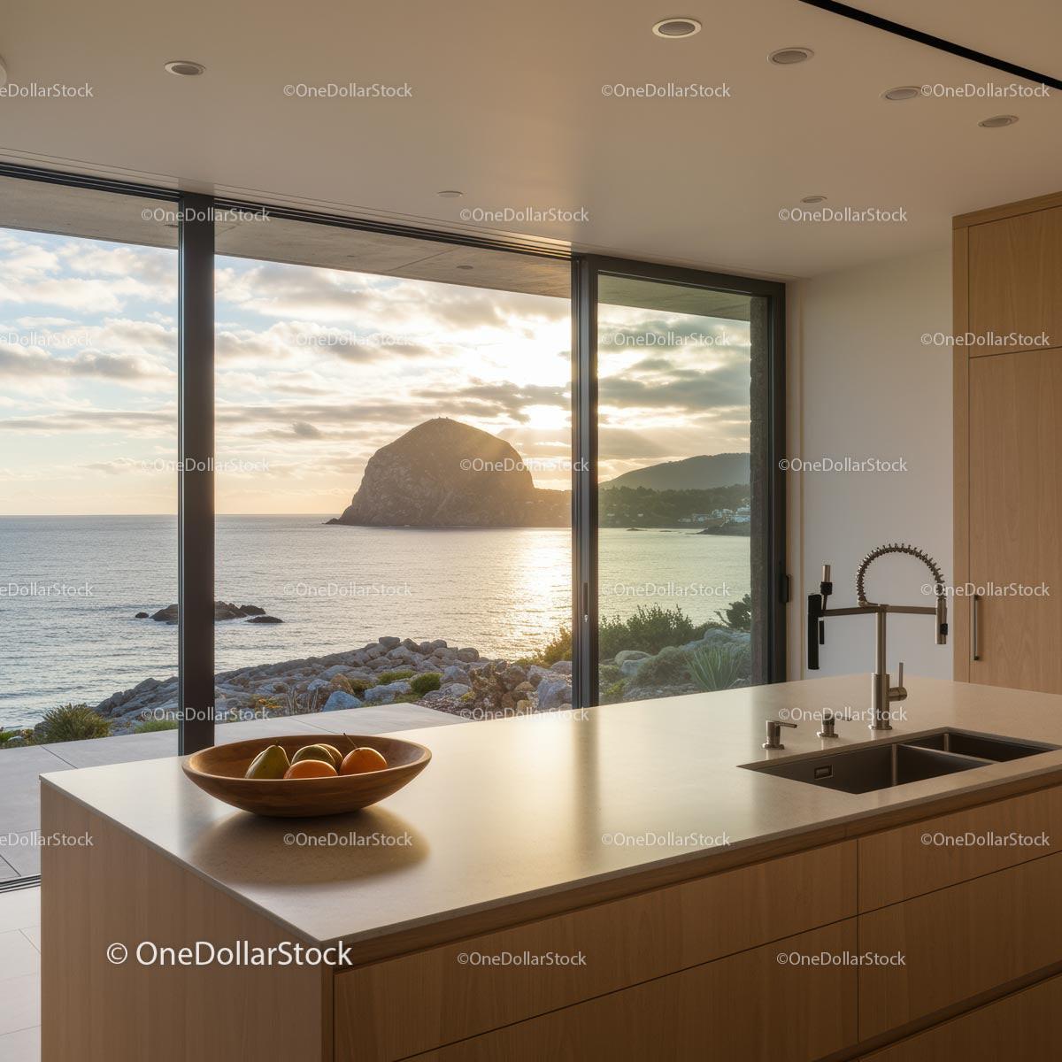 Modern Kitchen with Stunning Ocean Sunset View