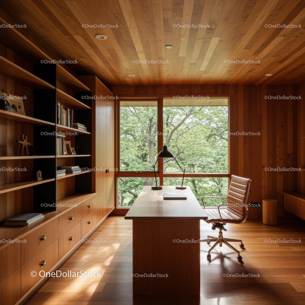 Wooden Home Office with Large Window and Green View