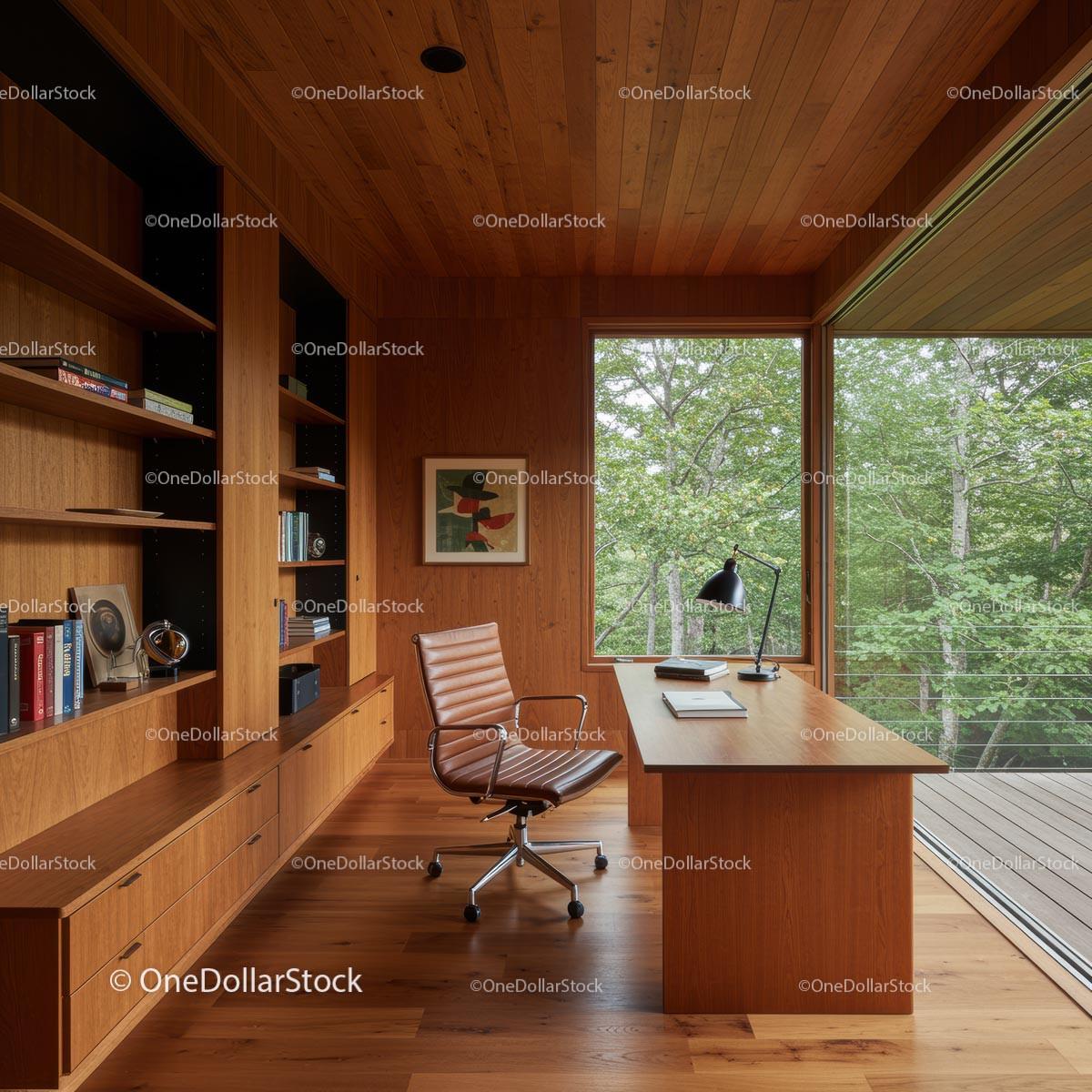 Modern Wooden Home Office with Large Green View