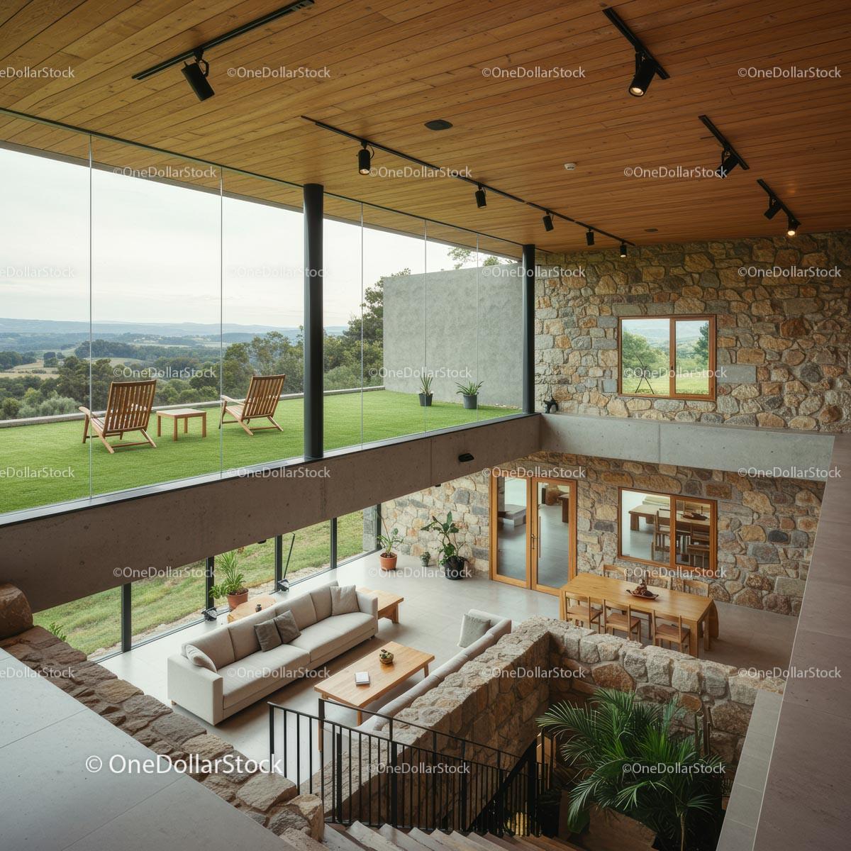 Elegant Modern Home with Expansive Glass Windows and Stone Walls