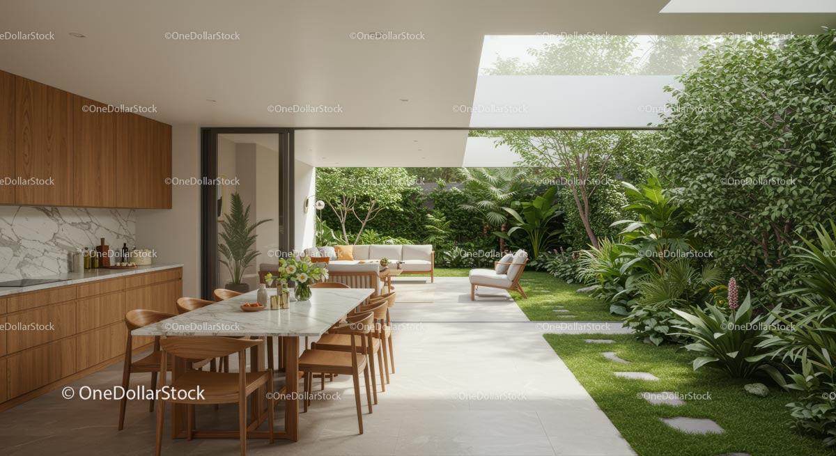 Modern Open Space Kitchen with Lush Garden View