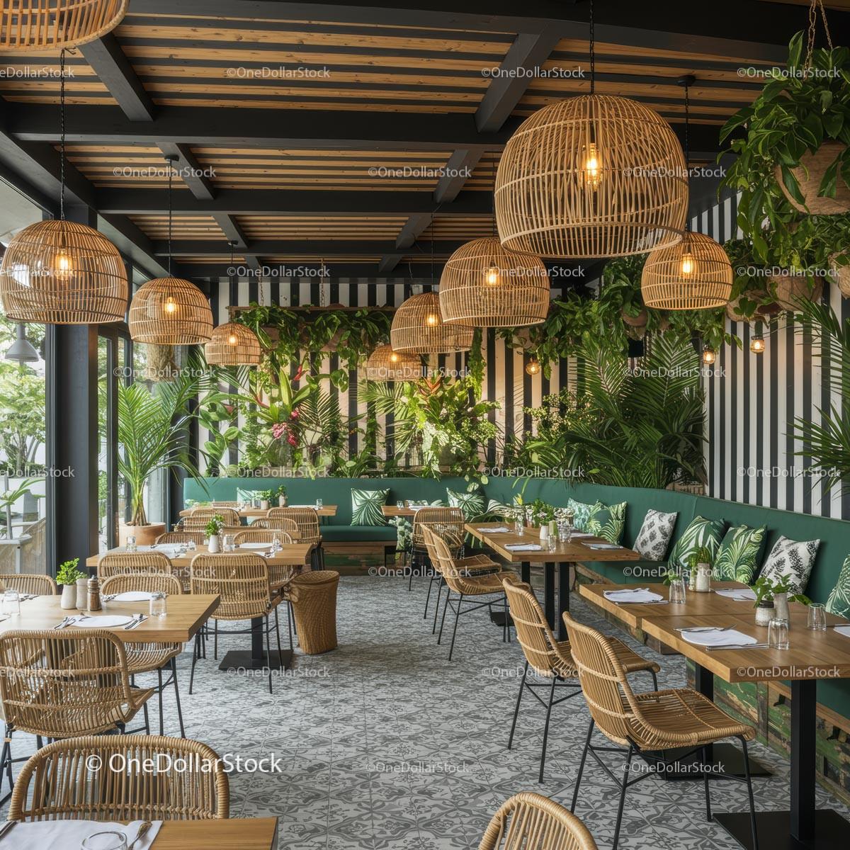 Tropical Cafe with Lush Green Plants and Wicker Furniture