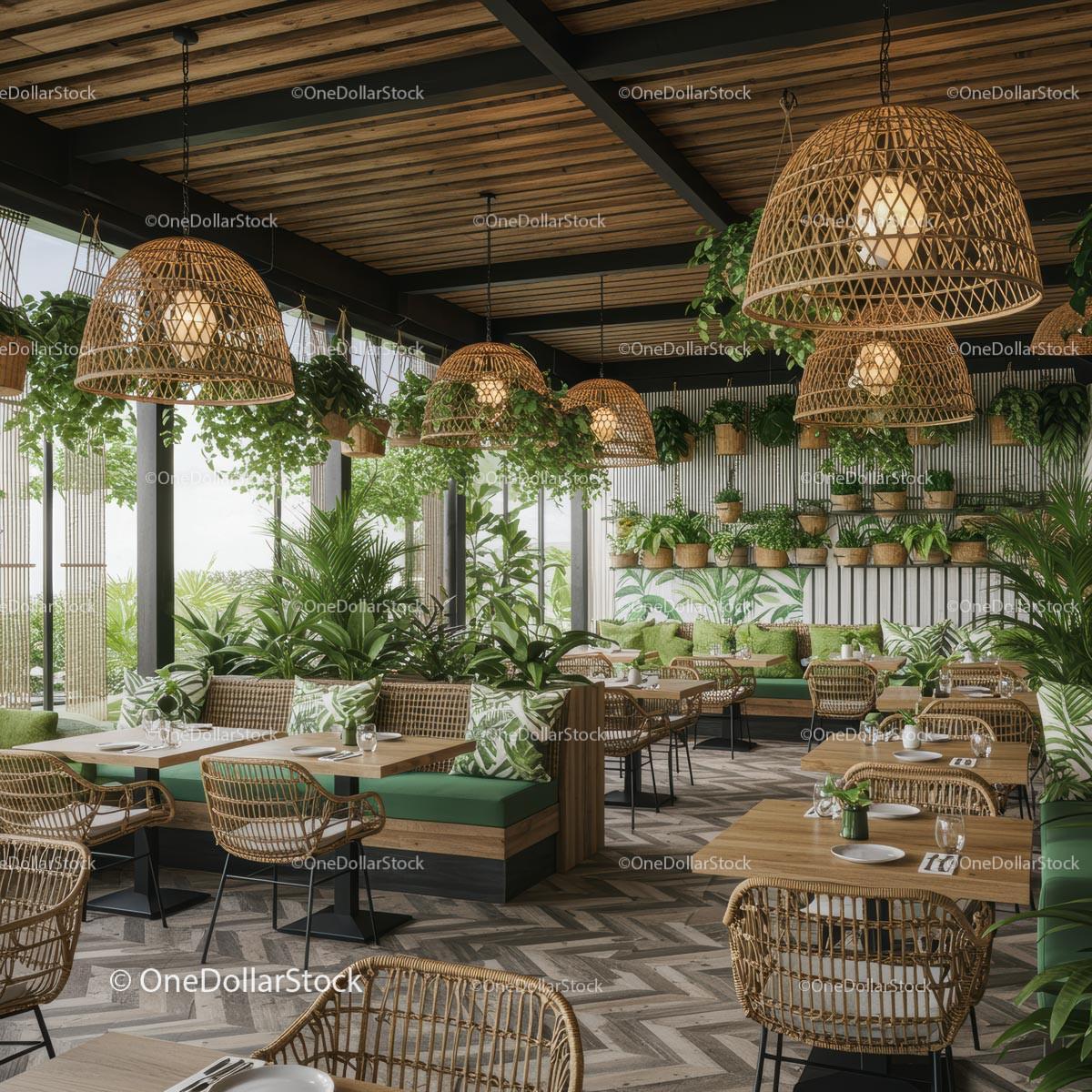 Modern Café with Lush Greenery and Wicker Decor