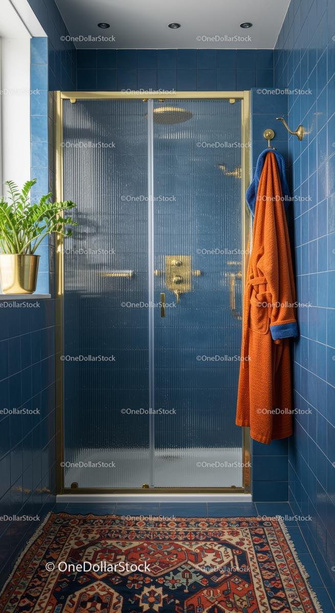 Luxury Blue Tiled Bathroom with Orange Bathrobe