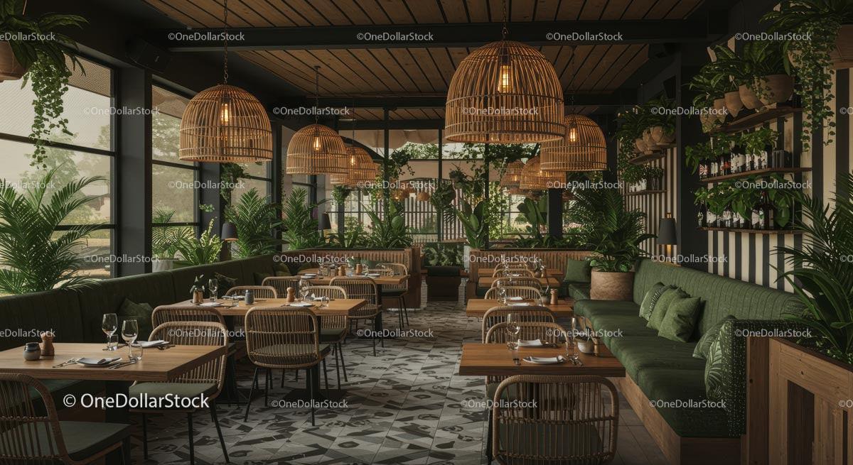 Modern Restaurant with Lush Indoor Greenery and Wooden Accents