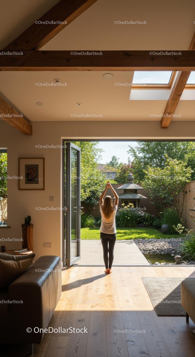 Woman Practicing Yoga Facing Sunny Green Garden
