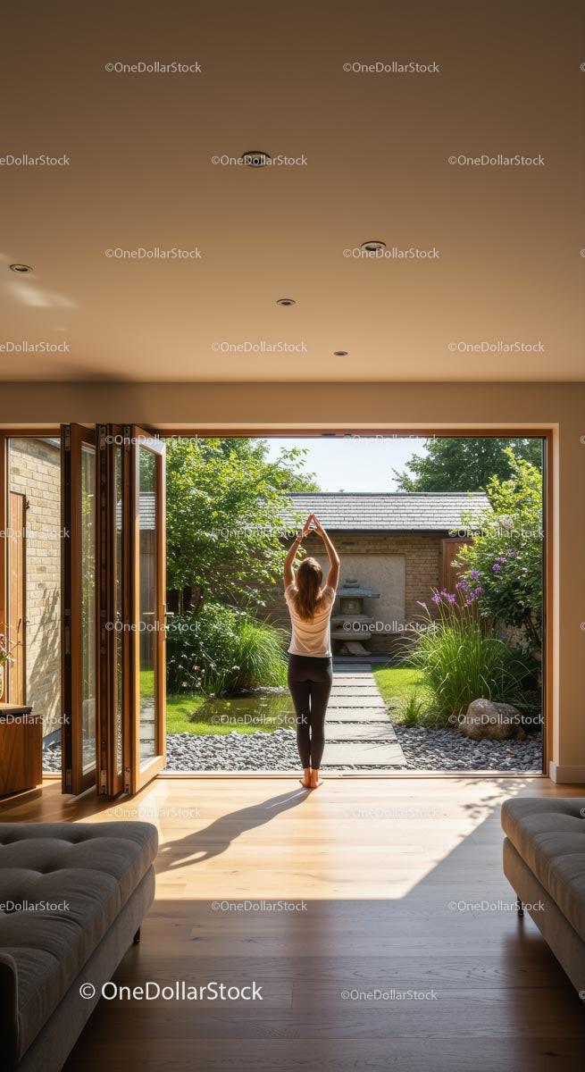 Morning Yoga in Sunlit Modern Living Room with Garden View