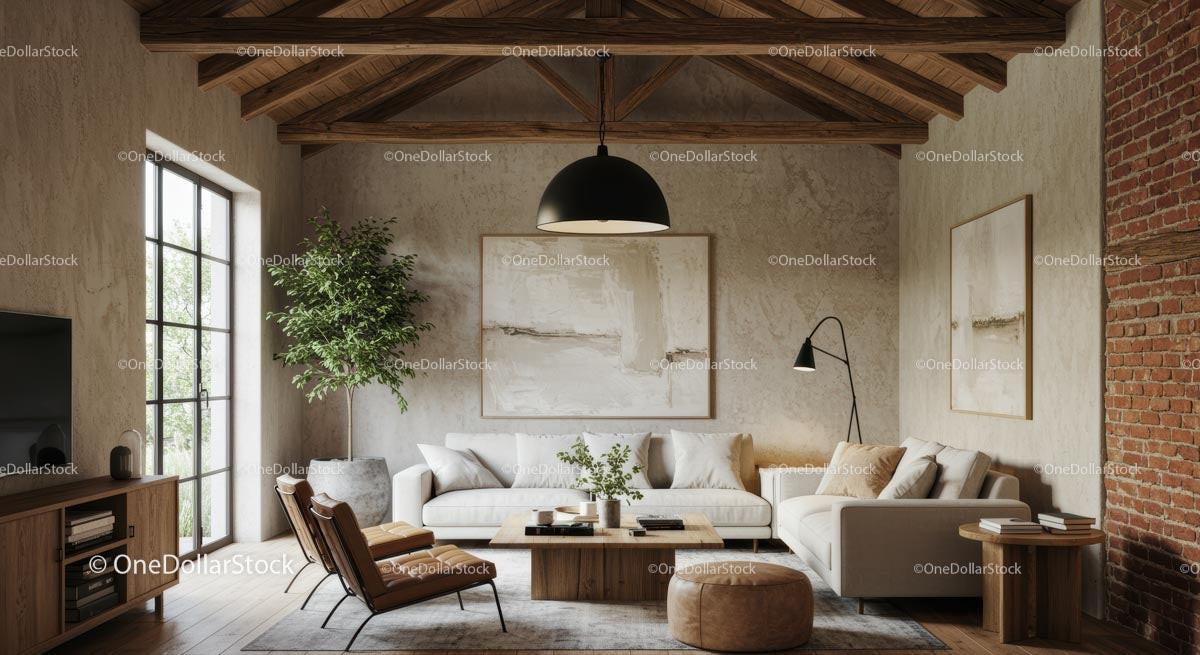 Modern Living Room with Elegant Decor and Wooden Ceiling