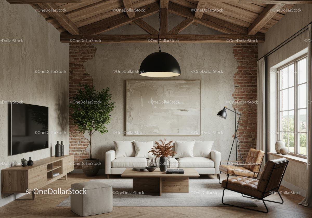 Rustic Modern Living Room with Natural Light and Greenery