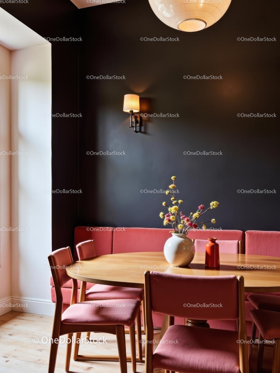 Modern Dining Room with Red Chairs and Black Accent Wall