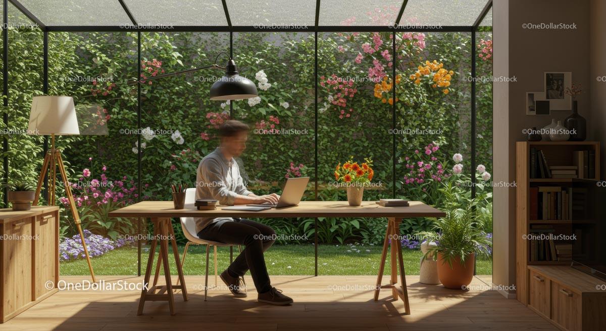 Man Working on Laptop with Garden View from Modern Home Office