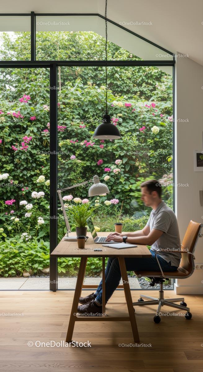 Modern Home Office Overlooking Lush Garden