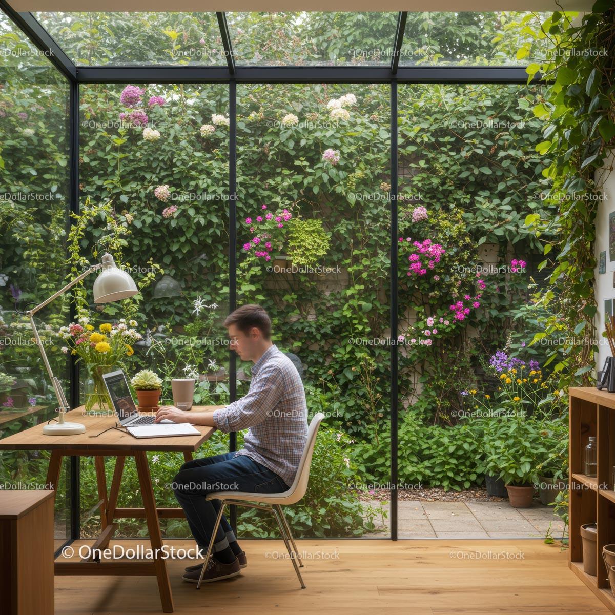 Home Office with Lush Garden View and Natural Light