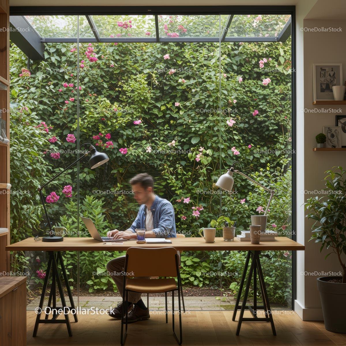 Modern Home Office with Garden View and Blooming Flowers