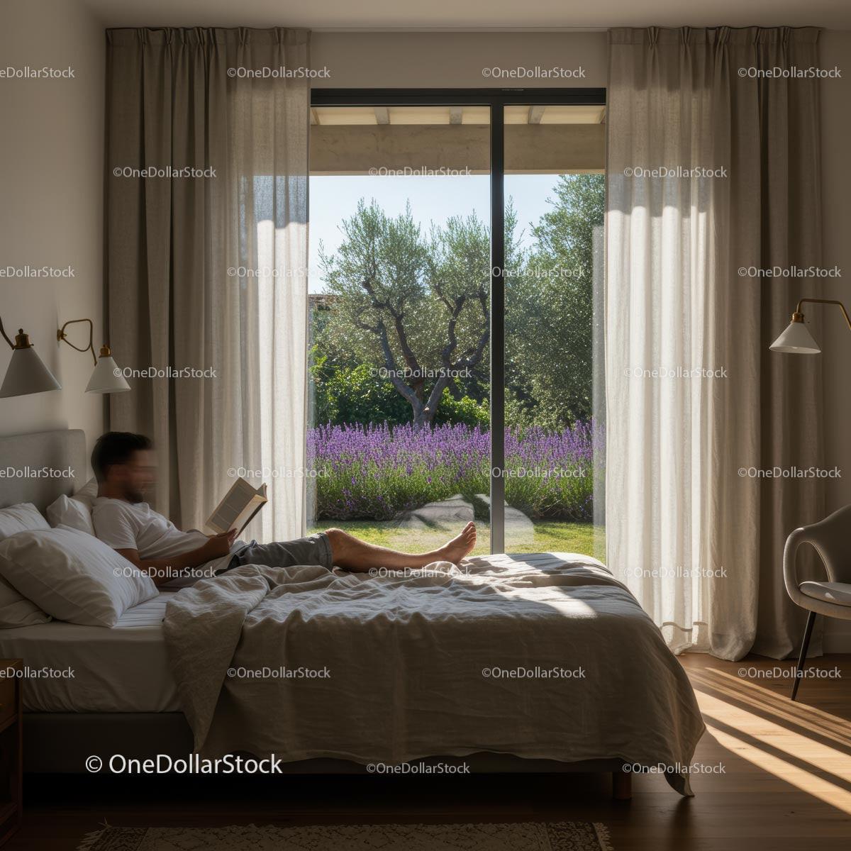 Man Reading in a Sunlit Bedroom with Lavender View
