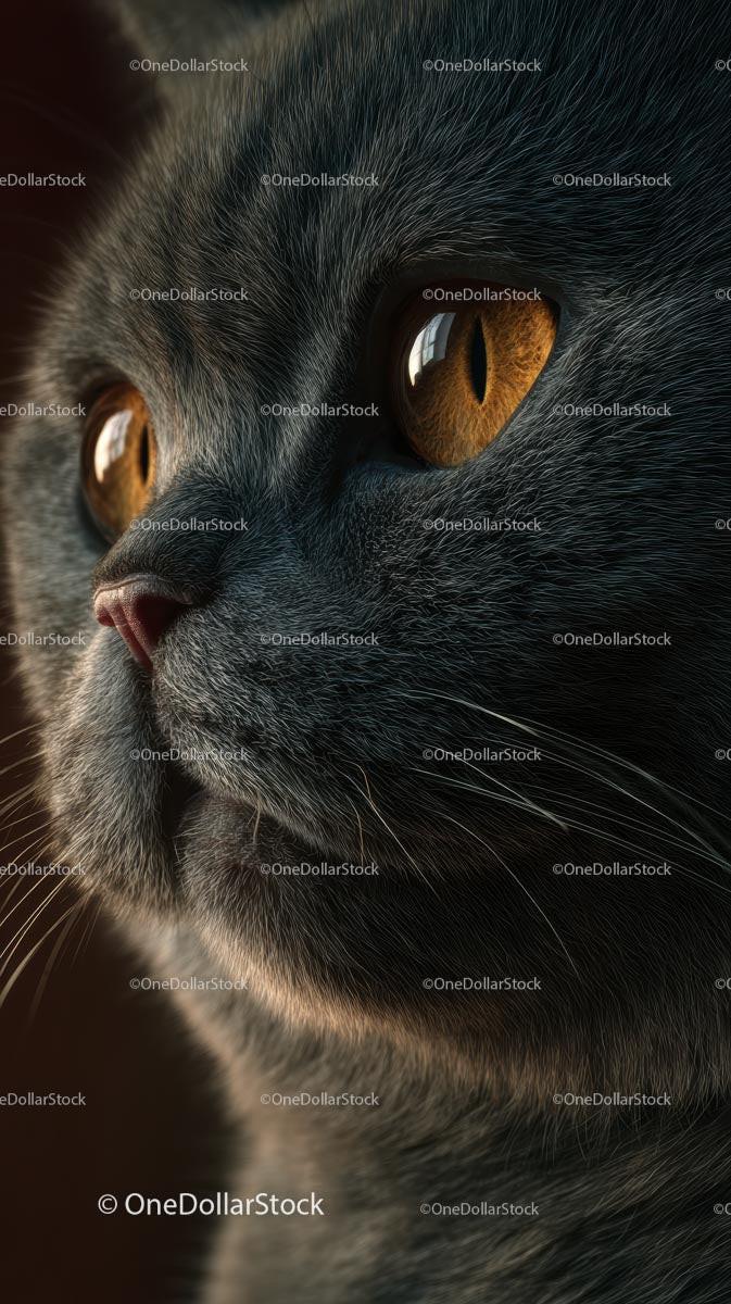 Close-Up Portrait of a British Shorthair Cat with Amber Eyes