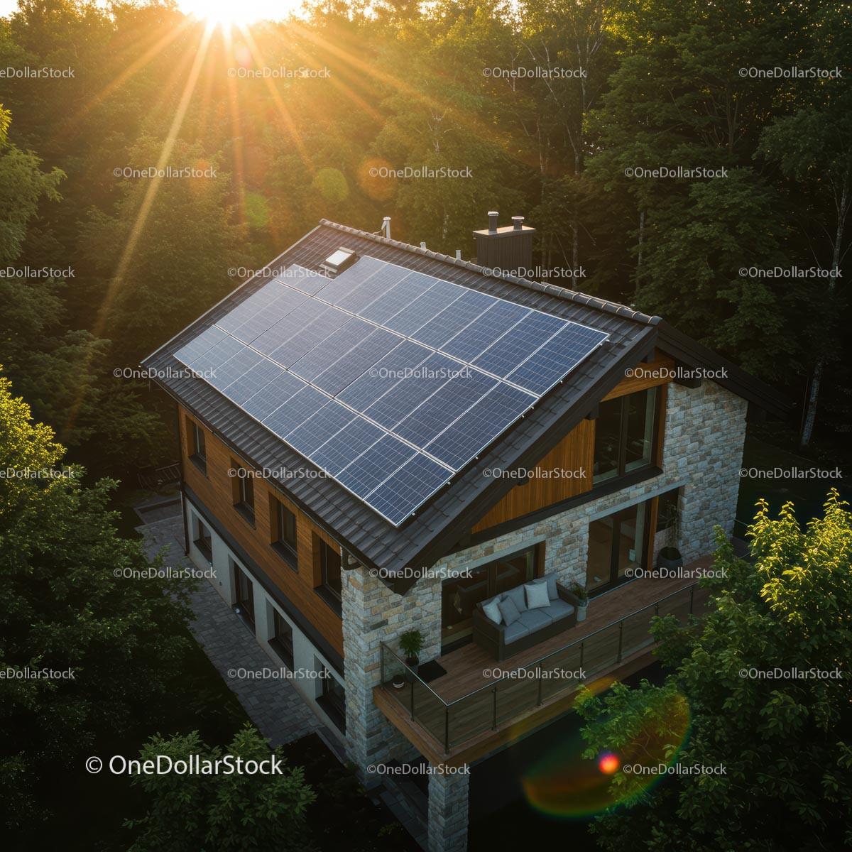 Eco-Friendly House with Solar Panels in a Lush Forest