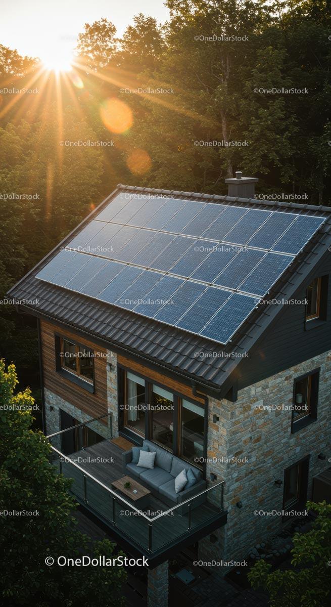 Modern Home with Solar Panels Amidst Forest at Sunset