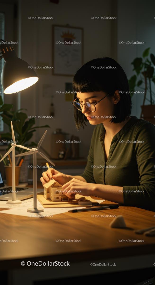 Architect Sketching a Sustainable Home Model at Desk